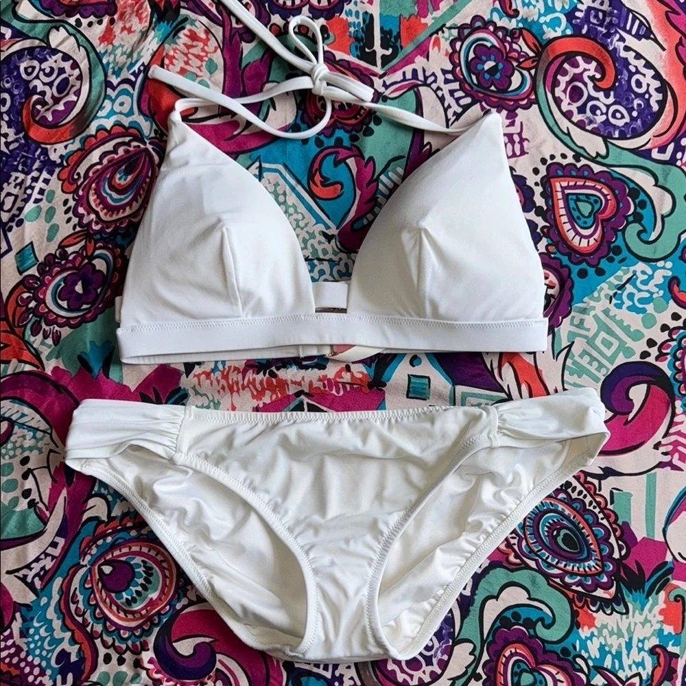 VICTORIA’S SECRET Solid White Double Strap Halter Bikini M/L Bridal Honeymoon
